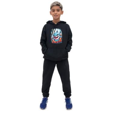 Imagem de Conjunto Infantil Menino Blusa Manga Longa Estampa de Tubarao e Calça Lisa Moletom Confortavel