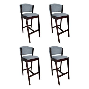 Imagem de Kit 4 Banquetas Alta De Madeira Maciça Castanho Premium Ana Com Encosto Linho Cinza - Cor: Cinza
