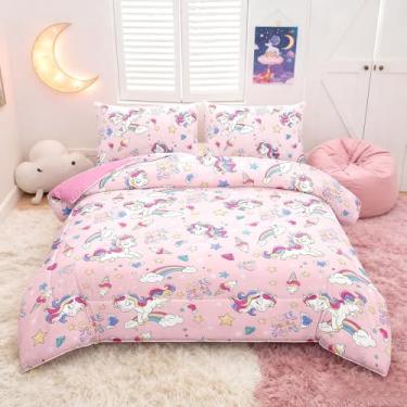 Imagem de Peopleareok Conjunto de edredom casal de unicórnio para meninas (199 x 232 cm), 3 peças, estampa de unicórnio rosa e roxo fofo com 2 fronhas, edredom kawaii para decoração de quarto de meninas todas