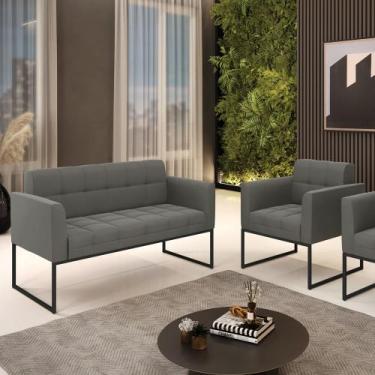 Imagem de Kit 1 Sofá Namoradeira e 1 Poltrona Elisa Suede Grafite Base Metálica 