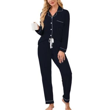 Imagem de Conjunto de pijama feminino Evaimizill, manga comprida, com botões, az