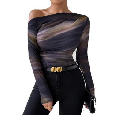 Imagem de Camiseta feminina Floerns Y2k, gola assimétrica, marrom, tamanho S