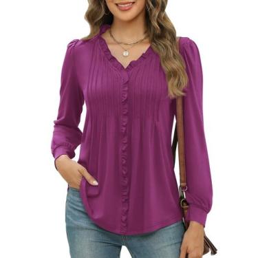 Imagem de Blusa Micoson com decote em V e manga comprida fúcsia para mulheres XX