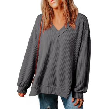 Imagem de Camiseta EVALESS Oversized para mulheres solta de manga comprida cinza