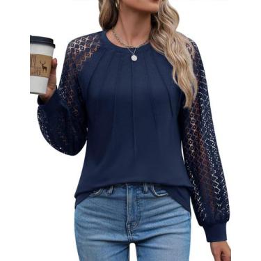 Imagem de Blusa feminina Kistore, manga comprida, gola redonda, azul marinho, XX