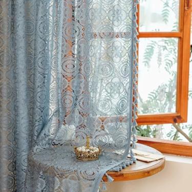 Imagem de YJ YANJUN Cortinas Boho azuis 2 painéis - 182 cm de comprimento, painéis de janela de renda vintage com borlas para sala de estar quarto porta deslizante, semitransparente, privacidade, decoração