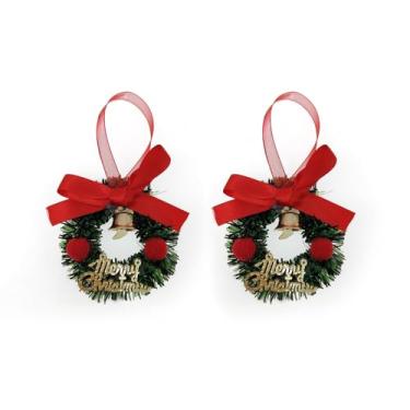 Imagem de 2 peças de mini enfeites de guirlanda de árvore de Natal com laço dourado verde artificial para decoração de casa
