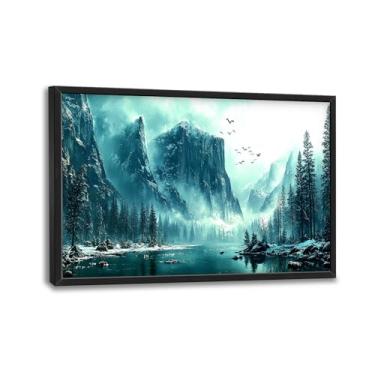 Imagem de Arte de parede grande emoldurada para sala de estar, decoração de parede de lona de lago de montanha, pintura de imagens de árvores florestais, arte de paisagem moderna para quarto escritório 91 cm x