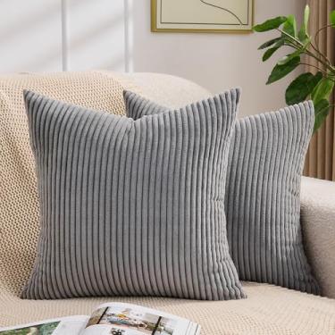 Imagem de Yosodeko Capas de almofada decorativas cinza escuro 40,6 x 40,6 cm, pacote com 2, capas de almofada de veludo cotelê macio, textura listrada, minimalista, moderna, decoração de casa para sofá