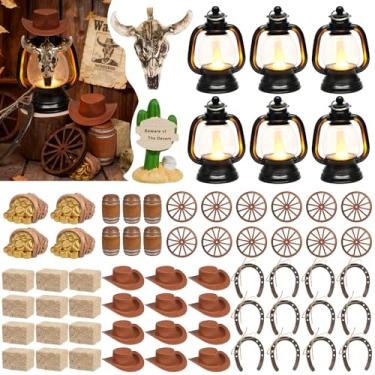 Imagem de Exasinine Conjunto de 60 peças de decoração de festa com tema de caubói mini chapéu de caubói lanterna carroça de ferradura roda de feno barris de vinho rústico decoração de festa ocidental mesa de