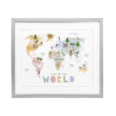 Imagem de Stupell Industries Mapa do mundo animais pastel impressão emoldurada cinza sob vidro, design por Carla Daly, 13 x 16