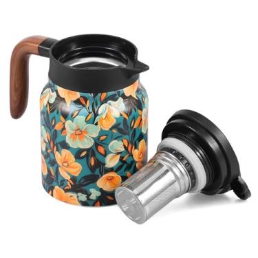 Imagem de Bule de chá com padrão floral vintage, bule de chá floral vintage de 1000 ml com infusor embutido, garrafa de aço inoxidável com isolamento térmico com tampa e cabo de madeira para café e chá (amarelo