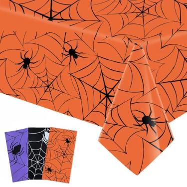 Imagem de Blzzjttt 3 peças, toalha de mesa de teia de aranha de Halloween, toalha de mesa retangular de plástico com teia de aranha, capas de mesa de tamanho grande, decorações de Halloween, suprimentos para