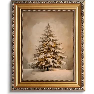 Imagem de Árvore de Natal vintage moldura dourada arte de parede 23,5 x 30,5 cm impressão de árvores de inverno antigas Natal neutro pinheiro arte de parede pintura para quarto, sala de estar, galeria