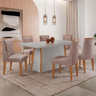 Imagem de Mesa De Jantar Diane 180cm Tampo Mdf Vidro 6 Cadeiras Isadora Moderna Linho Capuccino Off White Serigrafia