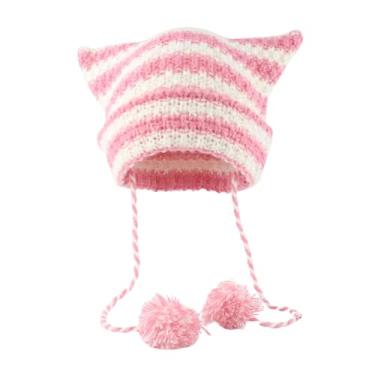 Imagem de Julpsk Gorro de orelha de gato engraçado listrado crochê Y2k Grunge Emo Therian acessórios rosa azul