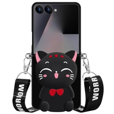 Imagem de SGVAHY Capa para Samsung Galaxy Z Flip 7 FE/Z Flip 6, linda bolsa preta com moedas de gato da sorte, capa de telefone chique para mulheres e meninas com alça transversal Kawaii capa de silicone macio