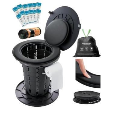 Imagem de LuckyNov Vaso sanitário portátil de altura ajustável com almofada de assento macia, sacos de lixo e gel, vaso sanitário de acampamento para adultos e crianças, penico de viagem compacto para uso ao ar