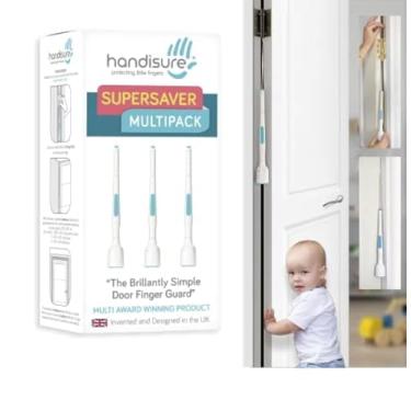 Imagem de Handisure Pacote 3 em 1 protetor de aperto de porta de segurança para porta infantil. Automático, segurança lateral de dobradiça e trava, confiável, vários prêmios e exclusivo, batente de porta de