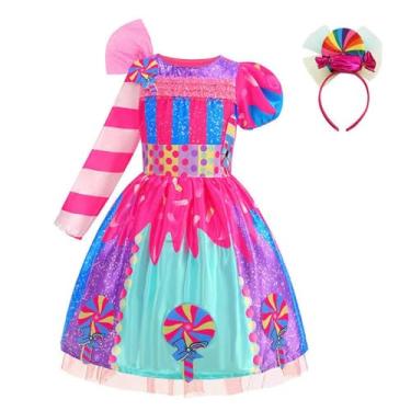 Imagem de Vaveren Vestido infantil de festa com decote redondo e estampa de arco-íris, perfeito para brincar de faz de conta em feriados e casamentos, L