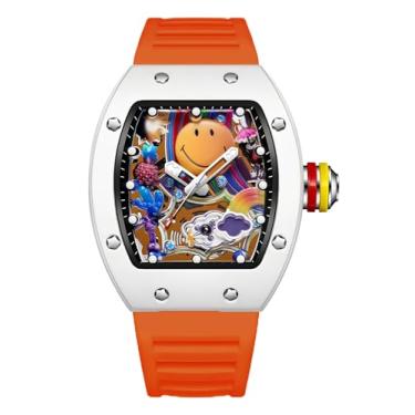 Imagem de Gosasa Relógio masculino moderno colorido com rosto sorridente – Relógio de pulso masculino Tonneau criativo moderno com pulseira de silicone, design luminoso exclusivo para presente, Laranja