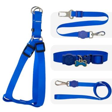 Imagem de Kit Coleira, Peitoral e Cinto de Segurança para Cachorro | Fita de Seda Néon Ajustável, Super Resistente e Confortável | Guia com Trava de Segurança para Passeios e Viagens(Azul,M)