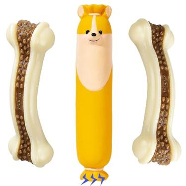 Imagem de Mastigadores de osso de cachorro + brinquedos de látex para mastigadores agressivos, 2 pacotes com sabor real de carne + 1 pacote de brinquedos interativos engraçados e estridentes, brinquedos de