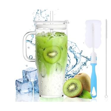 Imagem de Birity Copos de vidro de 1,134 g com tampas e canudos, copo de vidro com alça, copos de café de gelo de vidro reutilizáveis com tampa e canudo para vitaminas, chá, suco, boba para bebidas frias e