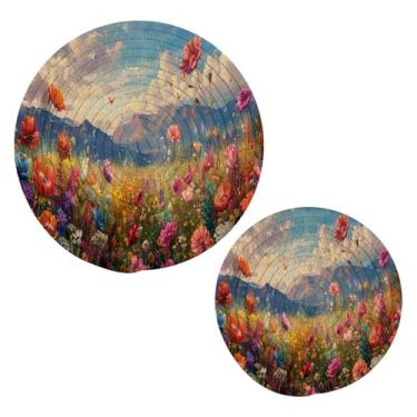 Imagem de Blueangle 2 peças de suporte de panela de flores de primavera - conjunto de pegadores de panela de tecido redondo - almofadas quentes trançadas de algodão - porta-copos - tapetes de mesa para cozinhar