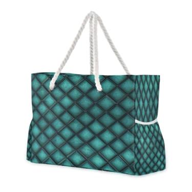 Imagem de ATTX Bolsas de praia xadrez geométricas em aquarela azul-petróleo para mulheres - Bolsas de praia grandes com zíper, impermeável, à prova de areia, bolsa para piscina, bolsa grande #313