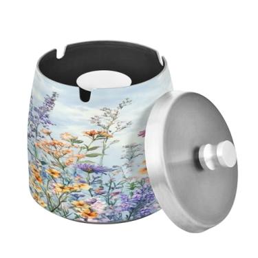 Imagem de Blueangle Cinzeiro retrô de flores silvestres com tampa para cigarros, à prova de vento/chuva, aço inoxidável, sem fumaça, inodoro, cinzeiro para uso interno ou externo (58)