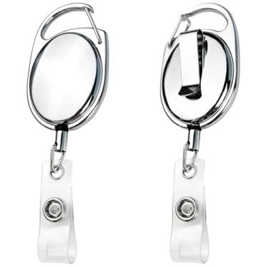 Imagem de Pacote com 2 molinete de crachá de metal resistente – chaveiro retrátil com cordão de aço, mosquetão, clipe de cinto e chaveiro, suporte de identificação de liga de zinco durável (prata)