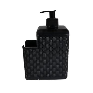 Imagem de Porta Detergente e Esponja Dispenser 2 em 1, Plástico, Preto, Modelo Rattan, 13x11x7,5cm, 600ml