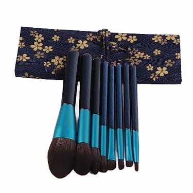 Imagem de Yinhing Conjunto de Pincéis de Maquiagem Premium de 8 Unidades Com Cabo de Madeira Pincéis Portáteis Sintéticos Ultramacios para Blush e Sombra Vem Com Bolsa de Armazenamento Elegante Design Azul Elegante para Uso