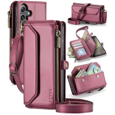 Imagem de YYTVN Capa carteira para Samsung Galaxy S24 Plus com zíper para cartão e alça transversal e alça de pulso, capa flip magnética de couro PU com bloqueio de RFID para Galaxy S24 Plus - vermelha