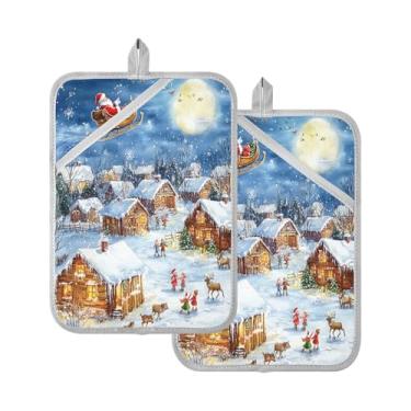 Imagem de STAYTOP Pacote com 2 pegadores de panela de Papai Noel sentado em um trenó, almofadas quentes de forno resistentes ao calor com bolsos, conjuntos de suportes de panela antiderrapantes para cozinha