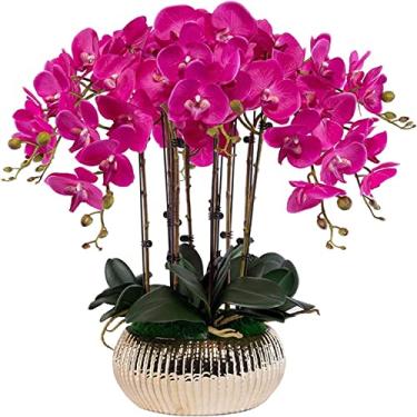 Imagem de LMJYU Flor artificial com orquídea artificial Phalaenopsis e vaso dourado, orquídea falsa de 10 ramos, usada para banquetes de casamento em família