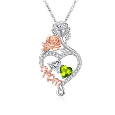 Imagem de WYDDO Colar com coração e amor, pedra do mês de nascimento duplo, joia de flor de rosa, aniversário dos namorados, presente de Natal para avó, esposa, mãe, Base, Zircônia cúbica