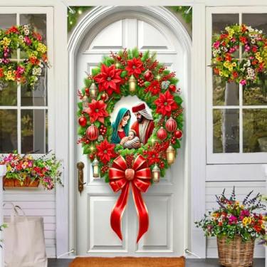 Imagem de BlissYard Faixa de Natal para porta de presépio 188 x 89 cm, guirlanda de poinsétia da família sagrada com lanternas, decoração religiosa, para ambientes internos e externos, varanda, parede, inverno