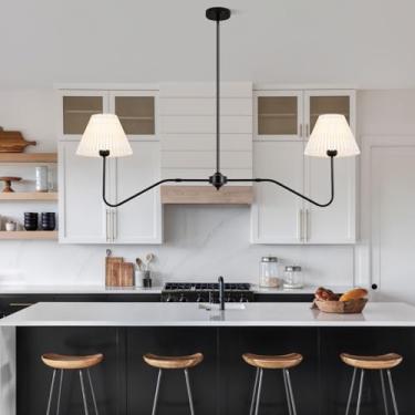 Imagem de Vloitgol Luminária linear de ilha de cozinha com 2 luzes, lustre moderno para sala de jantar, luminária pendente preta com sombra plissada branca para mesa de jantar (preto)