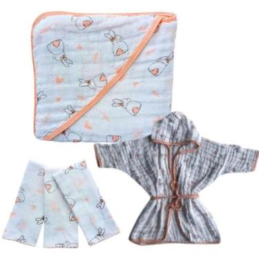 Imagem de Kit 1 Toalha Banho Com Capuz Soft Fralda +1 Roupão Soft Bebe + 3 Pano 