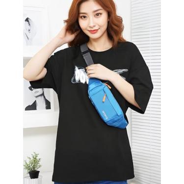 Imagem de Pochete esportiva para homens e mulheres, pochete grande, bolsa transversal de cintura respirável, grande capacidade com vários bolsos para viajar, fazer compras e correr, Azul claro, 12.6 x 1.6 x 5.1