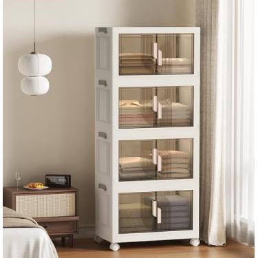 Imagem de Caixas de armazenamento empilháveis elegantes de 4 camadas para organização doméstica, caixas de armazenamento de plástico móveis com tampas, fácil de montar para organizadores de armário e dormitório
