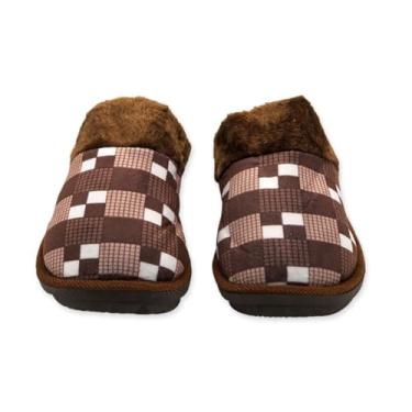 Imagem de Pantufa Masculina Xadrez Marrom, Poliéster, Tamanho 40/41, Antiderrapante, 27cm x 11cm
