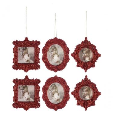 Imagem de Kit Porta Retrato Gliter Vermelho P/ Árvore Natal 10Cm 6pçs