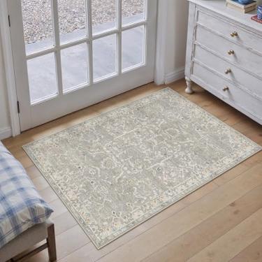 Imagem de HUGEAR Tapete de entrada 5 x 7 cm, retrô, cinza, pequeno, lavável à máquina, vintage, floral, tapete de pelo baixo, aspirável, desgastado, para entrada, cozinha, banheiro, quarto, antiderrapante, leve