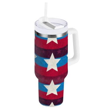 Imagem de Copo com isolamento duplo estrelas listras azuis vermelhas com alça e canudo para água, copos isolados 850 g / 0,89 L