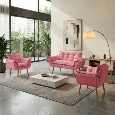 Imagem de Kit Namoradeira Decorativa E 2 Poltronas Confortável Para Sala Recepção Manicure Consultório Escritório Alice Tecido Suede