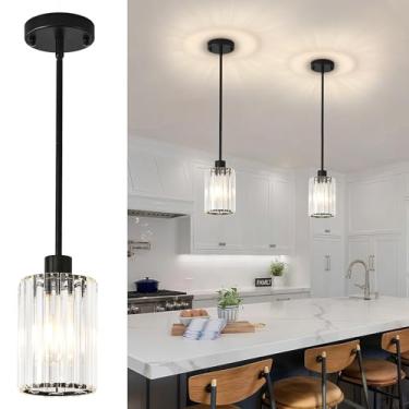 Imagem de GZJunYo Luzes pendentes de cristal para ilha de cozinha, pacote com 2 luminárias pendentes de cozinha pretas modernas, mini luzes de cristal para sala de jantar, corredor, hall de entrada, entradas