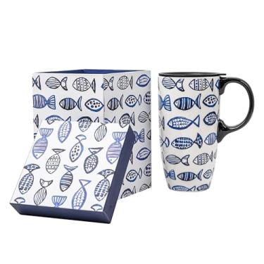 Imagem de Topadorn Caneca de cerâmica xícara de chá com latte de porcelana caneca de café com caixa de presente, 500 ml. Copo de viagem com tampa, peixe